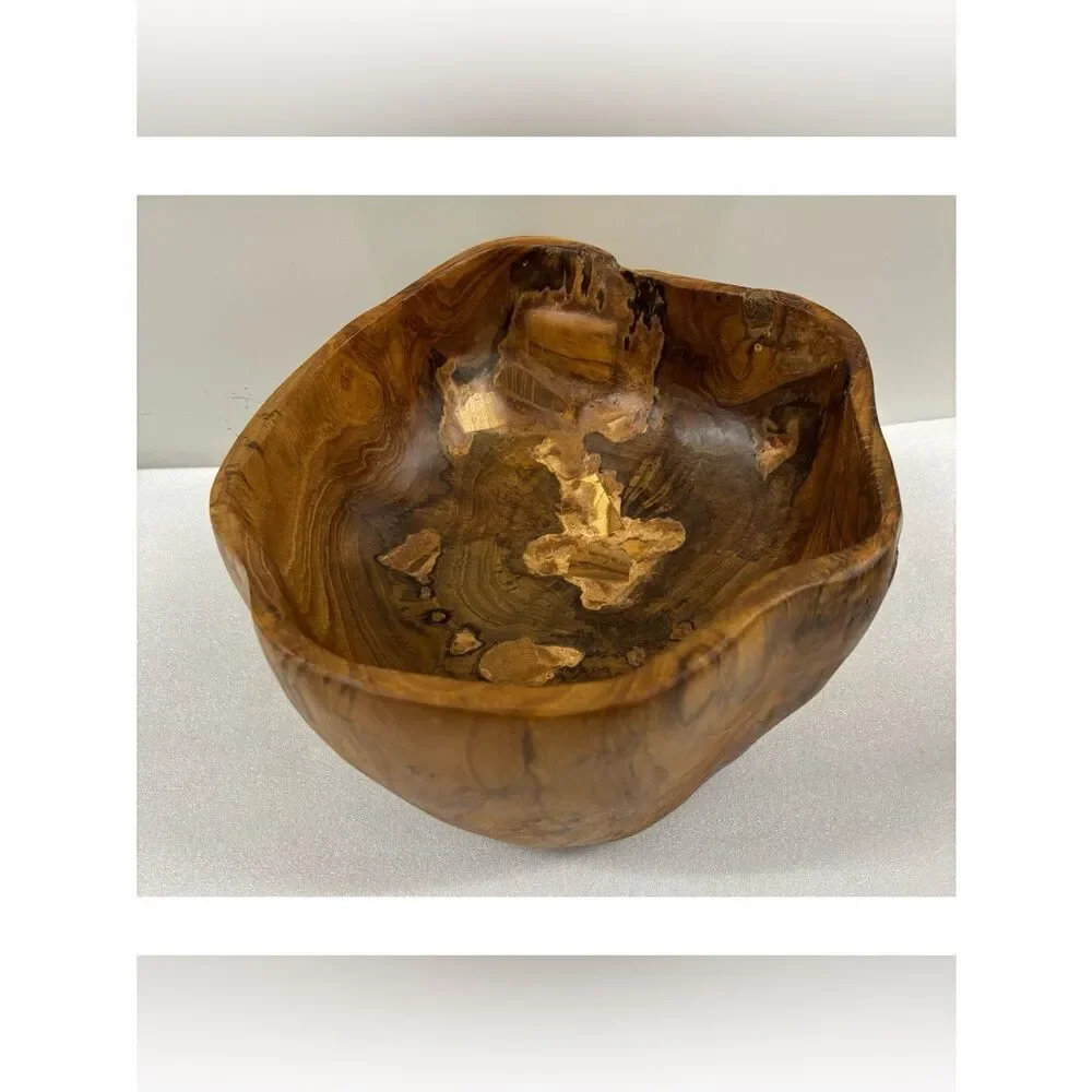 Vintage Pottery Barn Organic Teak Carved Wood Decorative Bowl - Natural Brown